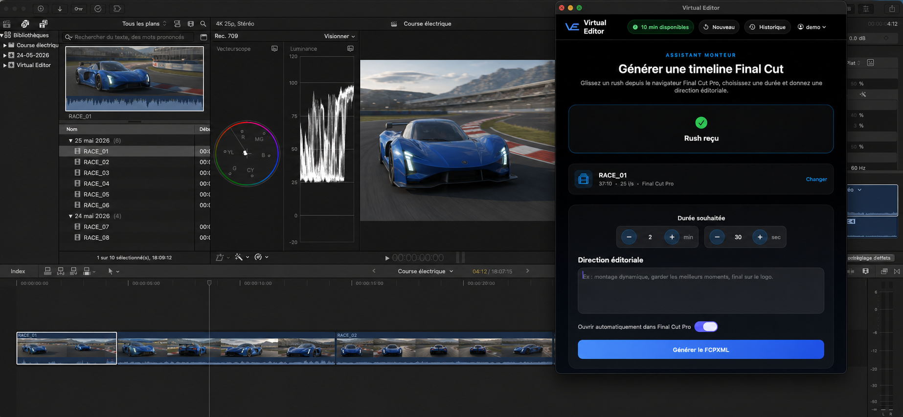 Fenêtre Virtual Editor ouverte au-dessus d’un montage Final Cut Pro